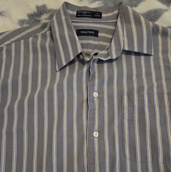 Other - Nautica Striped Men's Long Sleeve Button-Up Shirt in Light Gray and White